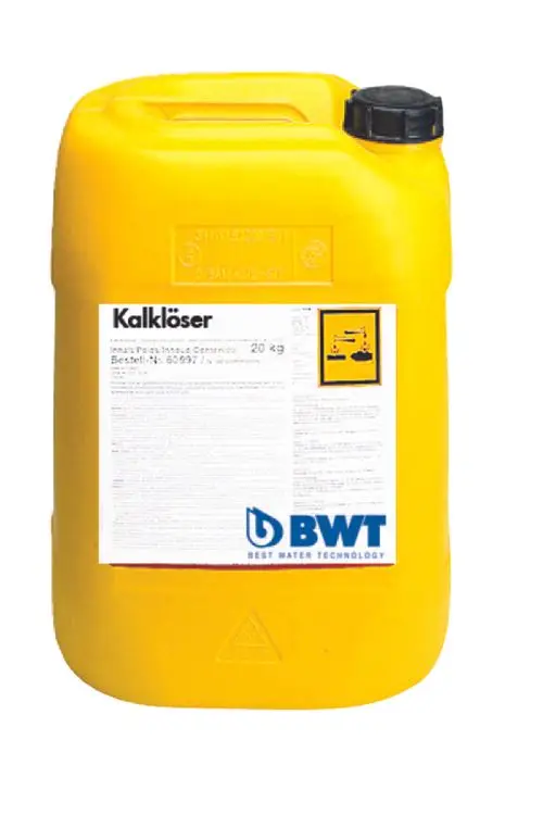Gelber Kanister mit schwarzem Deckel, beschriftet mit Produktinformationen und dem BWT-Logo, zur Entkalkung von Kalkstein.